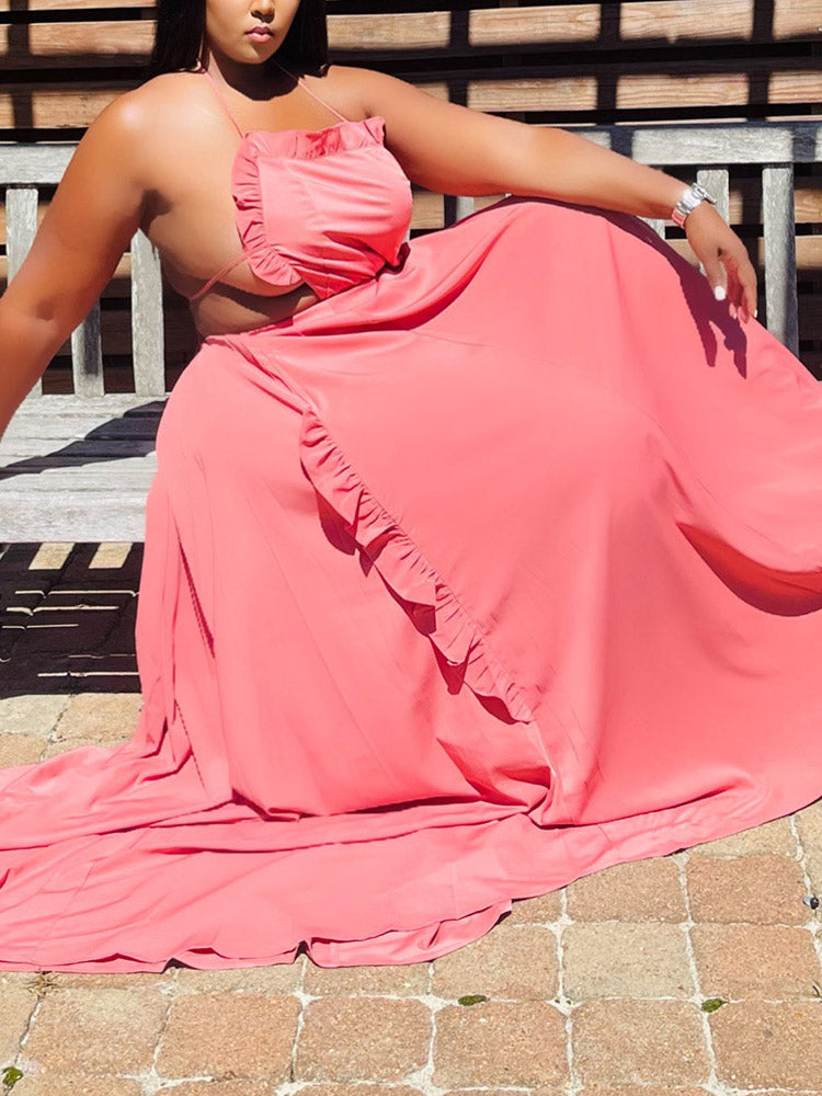 Ruffle Halter Backless Maxi Dresses