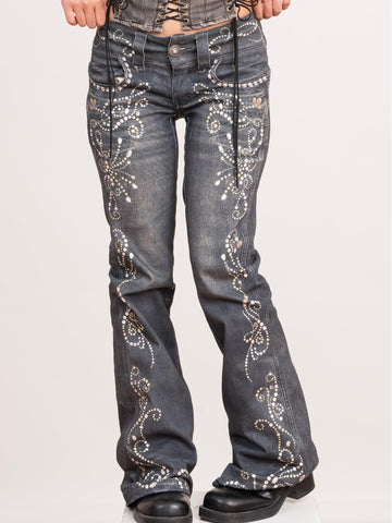 Rhinestone Pattern Silhouette Flared Jeans