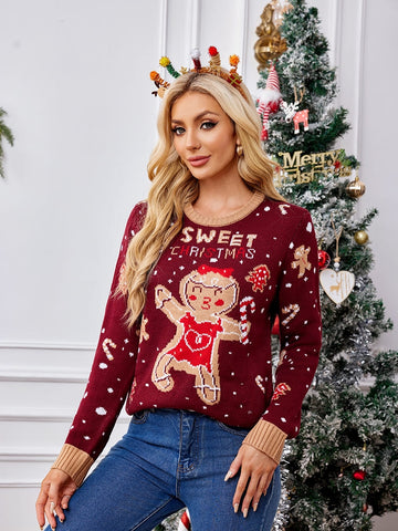 Casual Crewneck Embroidered Sweater â€?Gingerbread Man