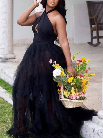 Backless Halter Mesh Party Maxi Dresses