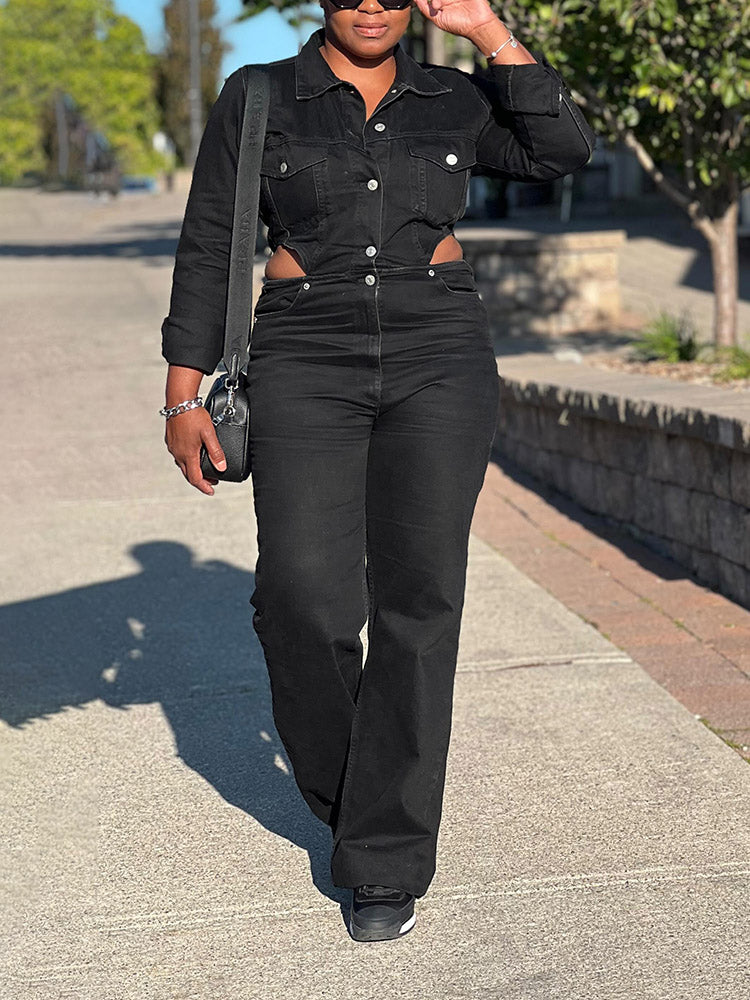 Cutout Waist Denim Jumpsuits