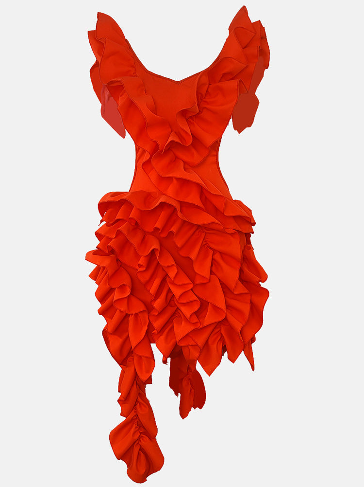 Butterfly Sleeve Asymmetrical Floral Ruffles Dresses