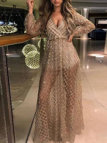 Sequin Mesh V Neck Maxi Dresses
