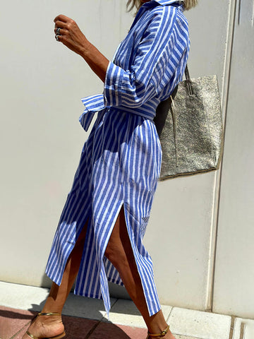 Splendor Stripes Printed Button Half Sleeve Belt Shirt Midi Dress