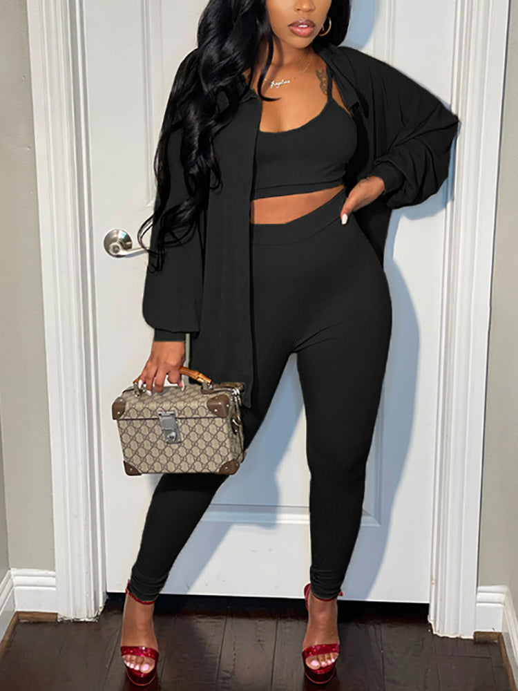 3PCS Button Shirt Pants Set With Crop Cami Top