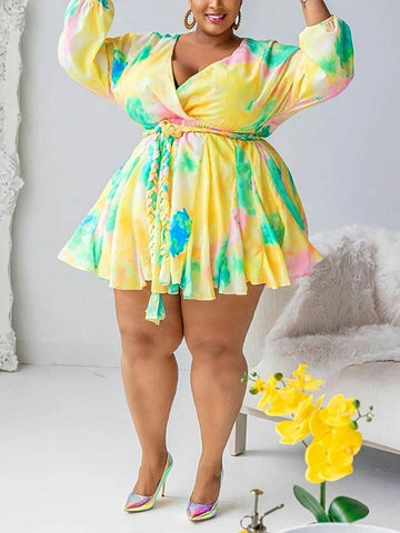 Tie Dye With Belt V Neck Dresses