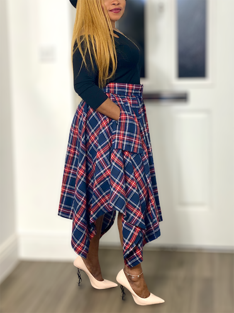 Asymmetric Plaid Midi Skirts