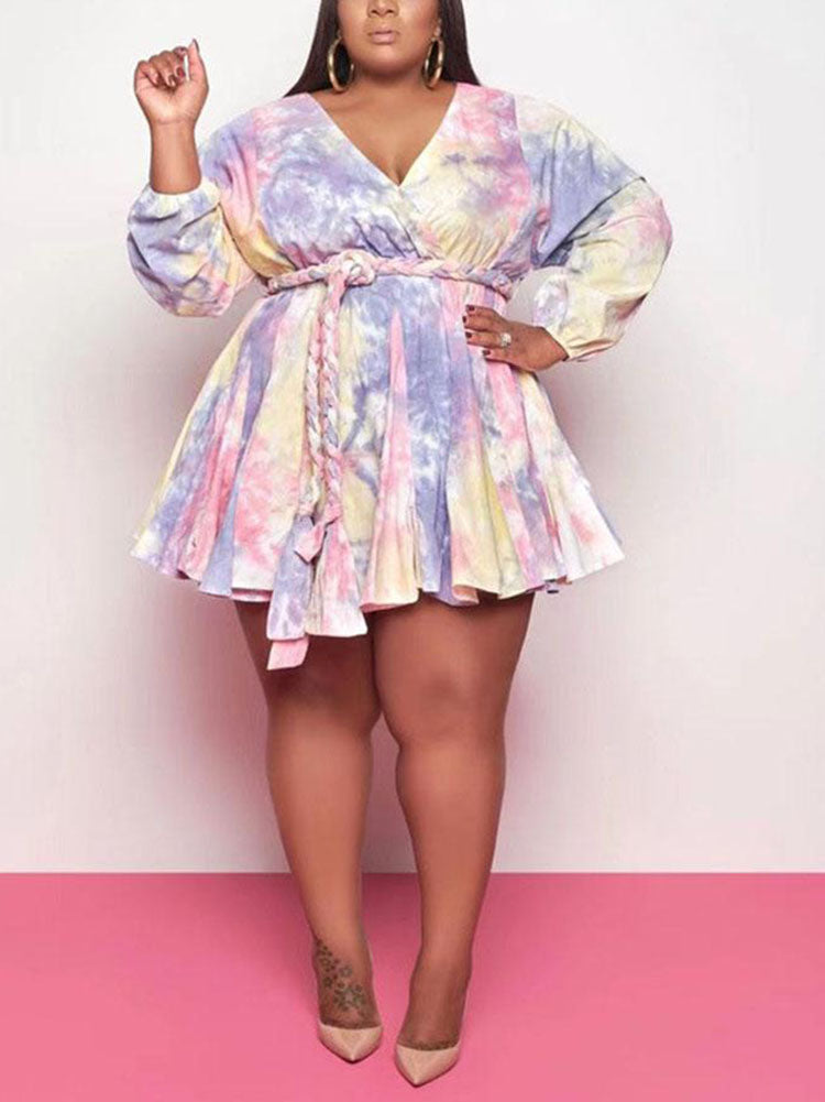 Tie Dye With Belt V Neck Dresses