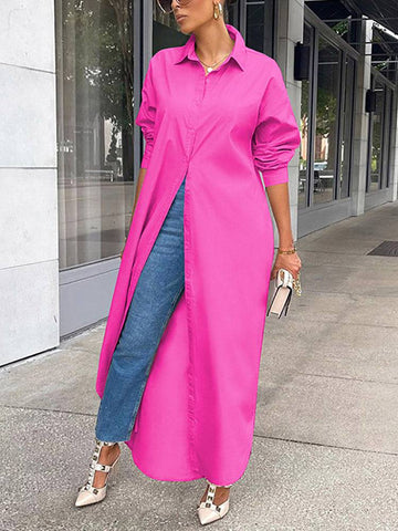 Solid Button Split Shirt Dresses