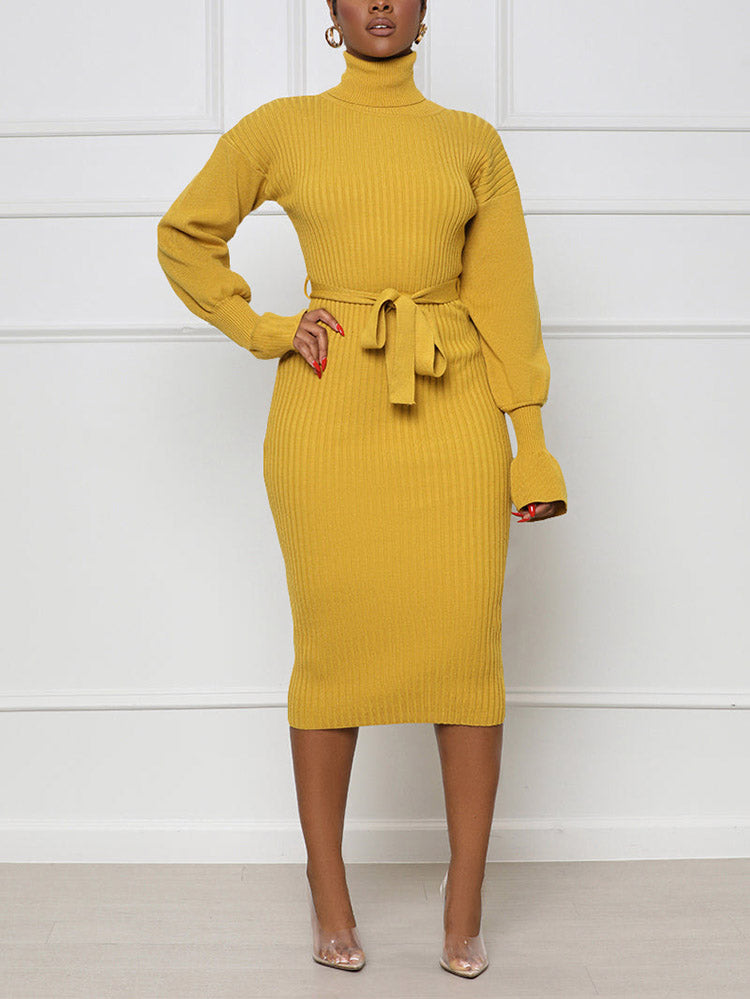 Turtleneck Knit Tie Waist Dresses