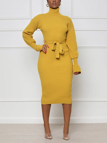 Turtleneck Knit Tie Waist Dresses
