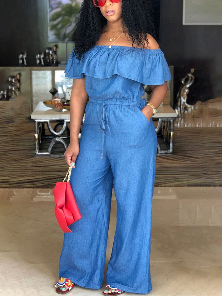Off Shoulder Ruffle Wide Leg Jumpsuits
