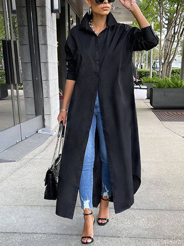 Solid Button Split Shirt Dresses