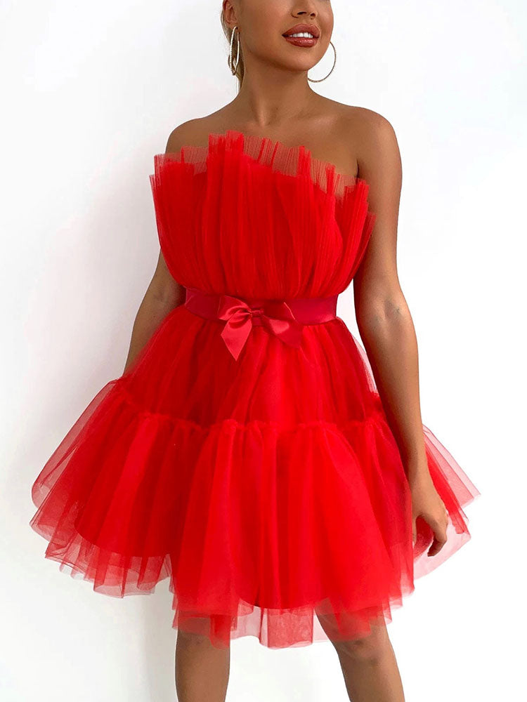 Bow Decor Layered Tulle Cocktail Dresses