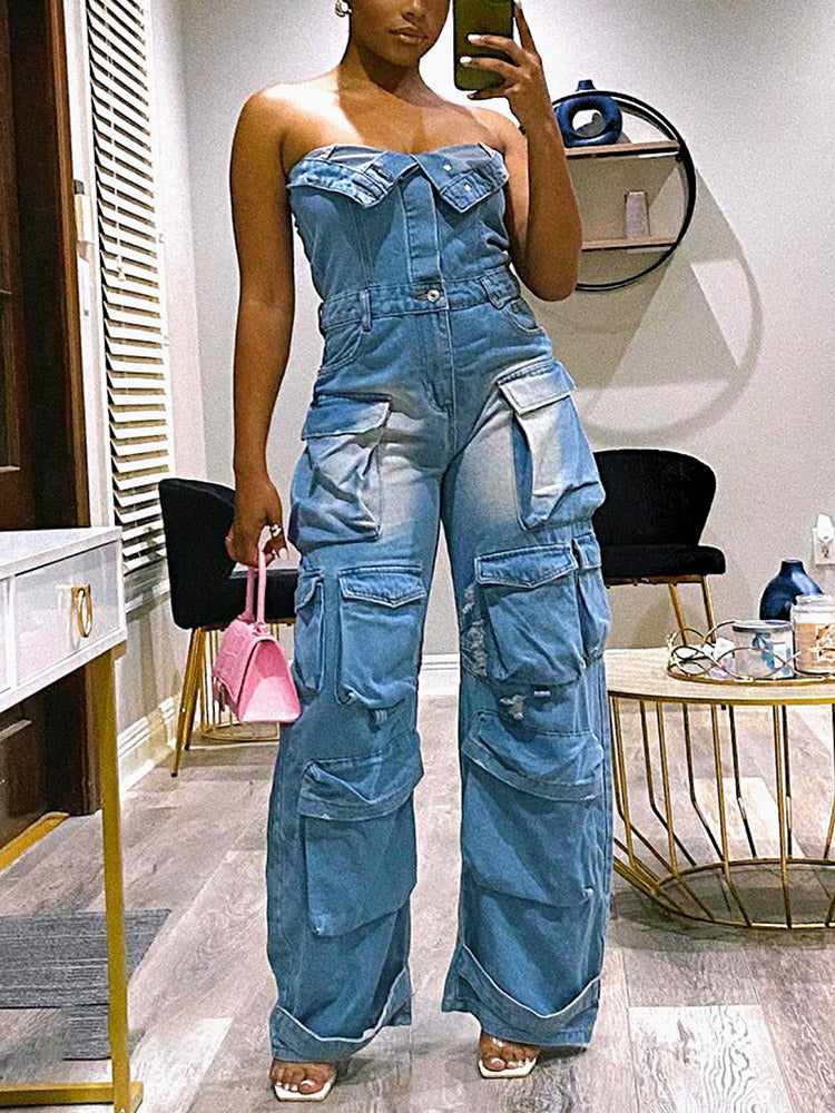 Denim Strapless Cargo Jumpsuits