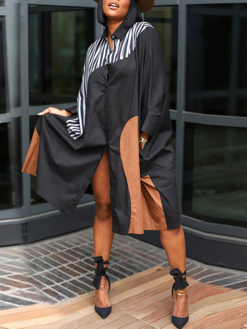 Colorblock Turndown Collar Shirt Dresses