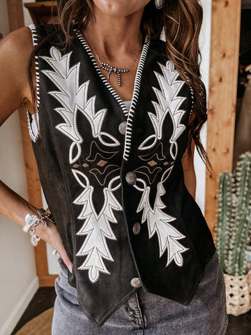 Black Suede Bootstitch Western Vest