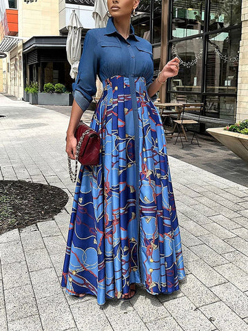 Denim Contrast Print Dresses