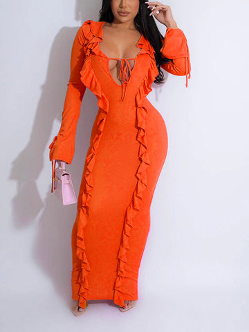 Ruffle Lace-Front Maxi Dresses