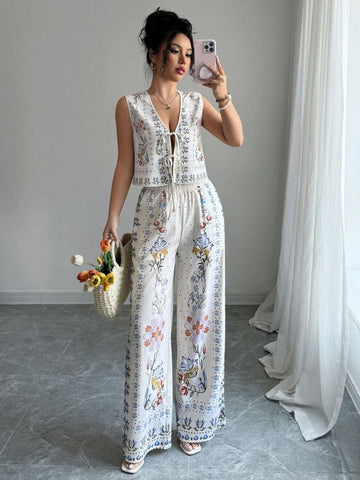 Tie-Up Vest & Wide-Leg Pants Set â€?Sky Blue Print