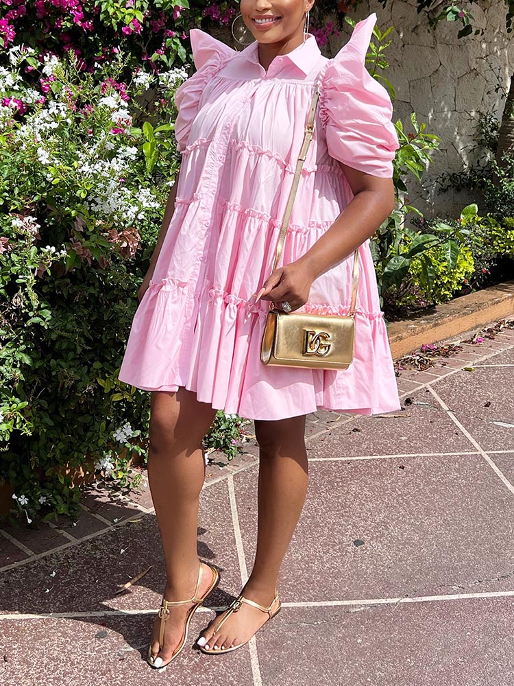 Puff Sleeve Ruffle Shirt Dresses