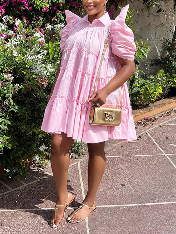 Puff Sleeve Ruffle Shirt Dresses