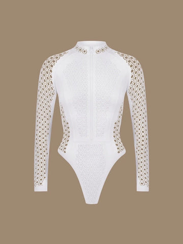 White Mesh Zipper Rash Guard Swimsuit