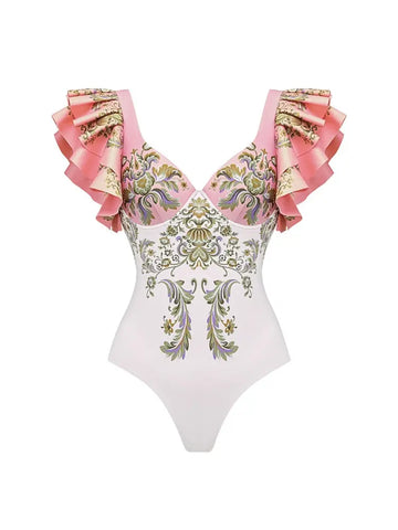 V Neck Ruffle Patchwork Ethnic Print Swimsuit
