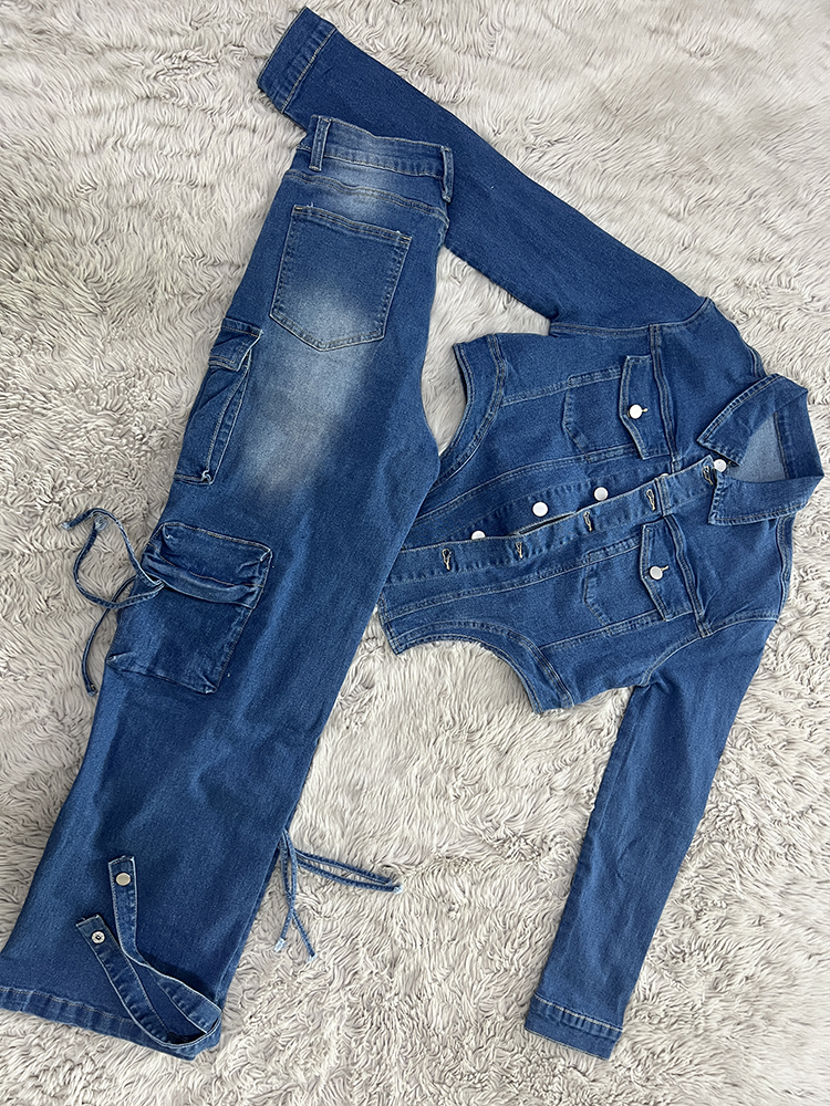 Denim Asymmetrical Jacket  Cargo Jeans Set