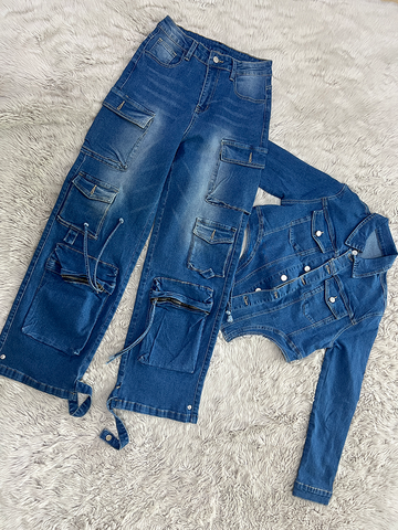 Denim Asymmetrical Jacket  Cargo Jeans Set