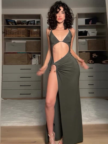HOLLOW HIGH SLIT SUSPENDER DRESS