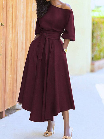 Oblique Neckline Half Sleeve Maxi Dresses