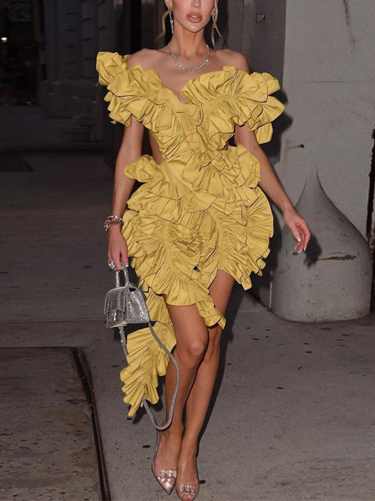 Butterfly Sleeve Asymmetrical Floral Ruffles Dresses