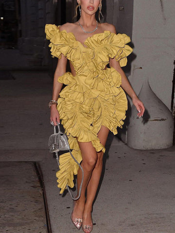 Butterfly Sleeve Asymmetrical Floral Ruffles Dresses