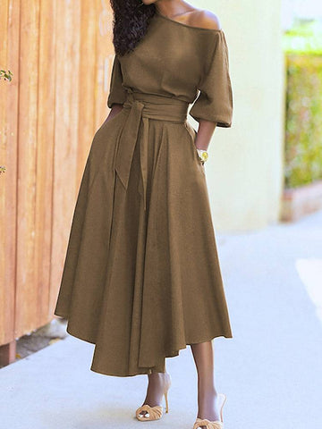 Oblique Neckline Half Sleeve Maxi Dresses