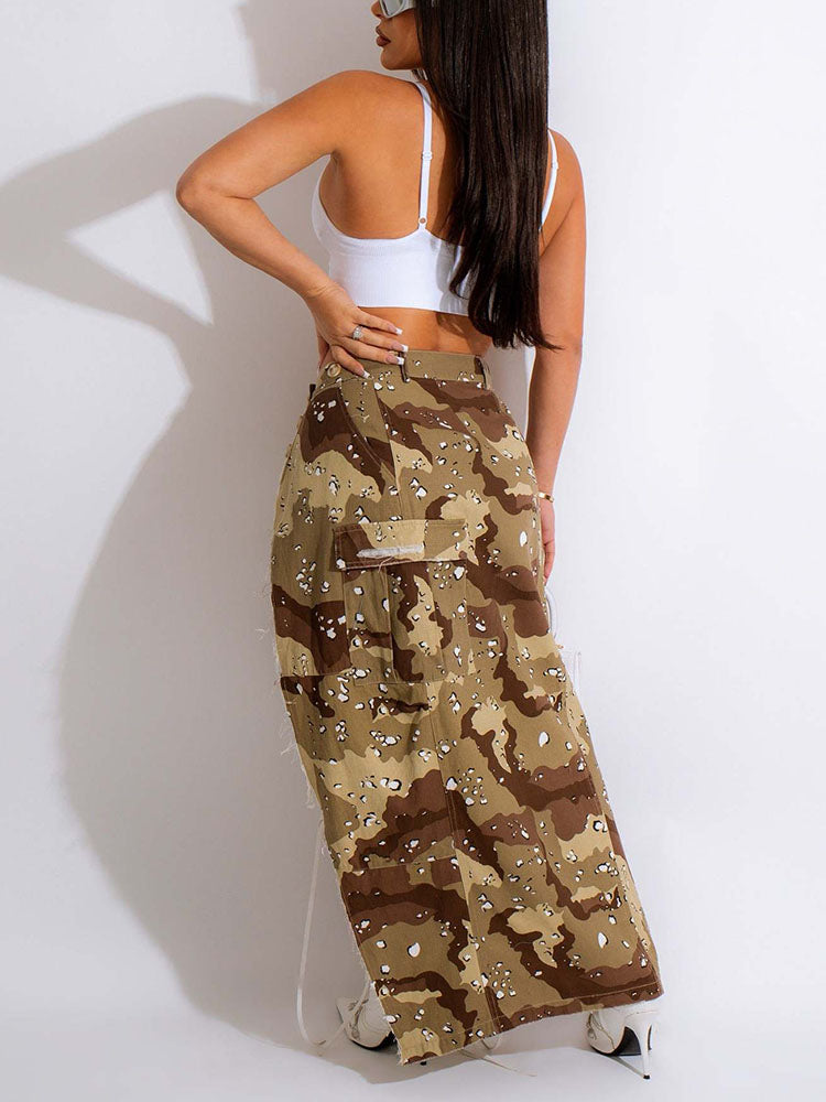 Camo Denim Button High Split Skirts