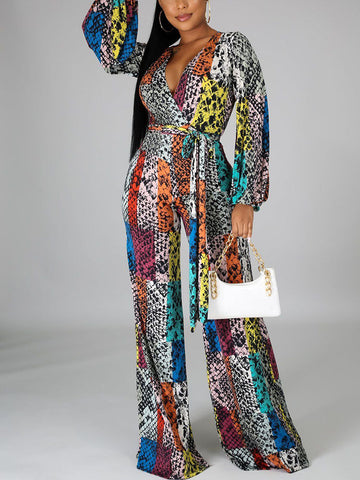 Snake Print V Neck Wide Leg Jumpsuits