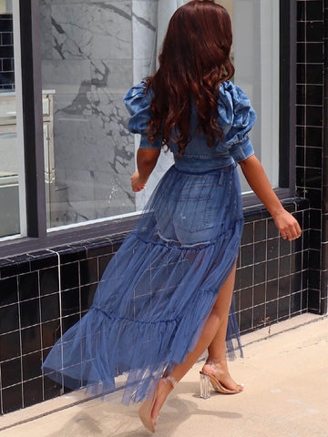 Denim Mesh Tulle Tops