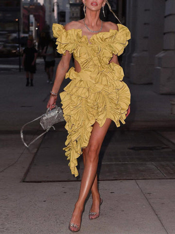 Butterfly Sleeve Asymmetrical Floral Ruffles Dresses