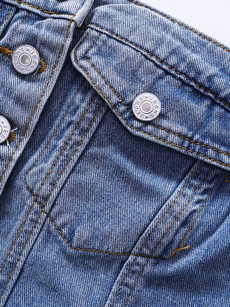 Strapless Button Denim Crop Tops