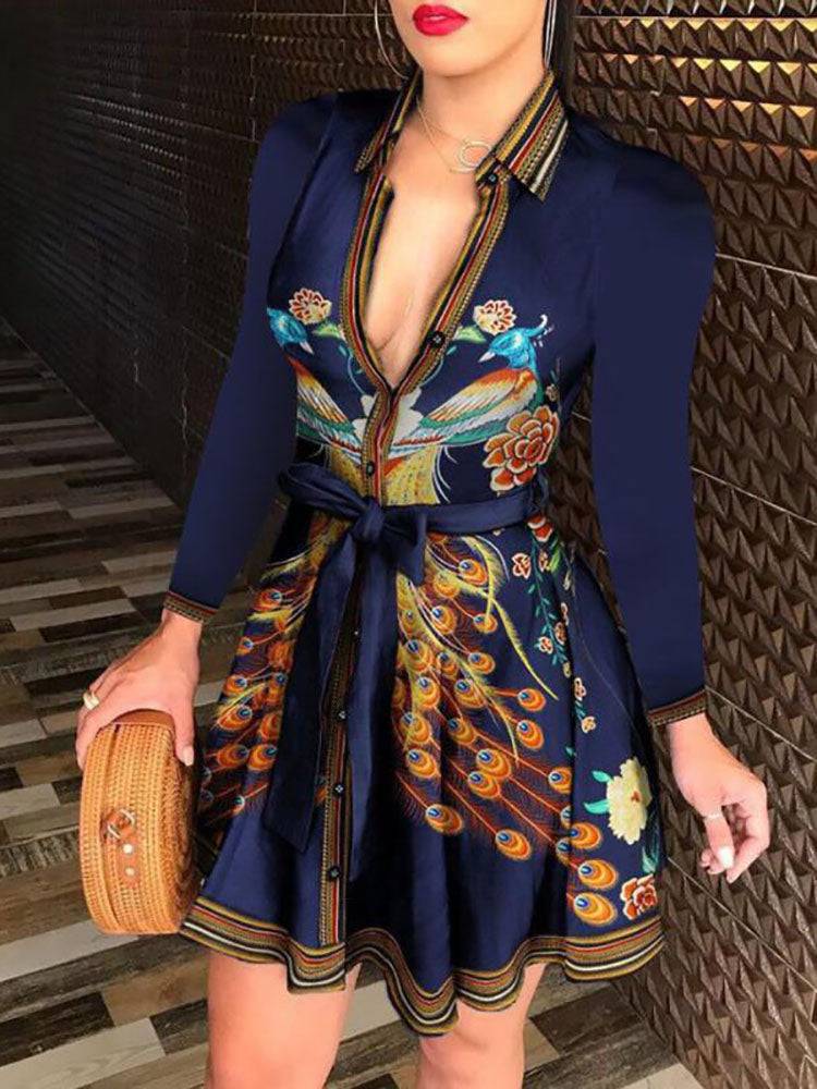 Printed V Neck Belt Dresses