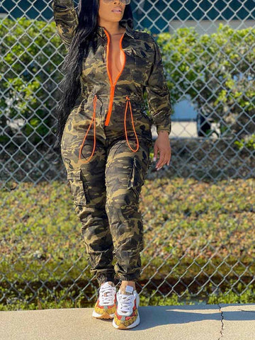 Camouflage Front Zipper Jumpsuits