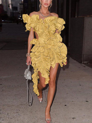 Butterfly Sleeve Asymmetrical Floral Ruffles Dresses