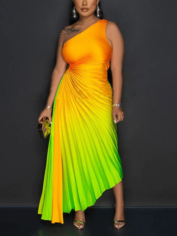Ombre One Shoulder Pleated Dresses