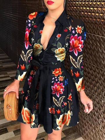 Printed V Neck Belt Dresses