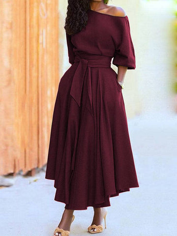 Oblique Neckline Half Sleeve Maxi Dresses