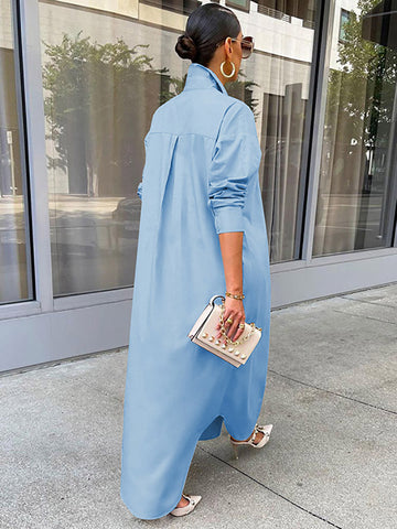 Solid Button Split Shirt Dresses