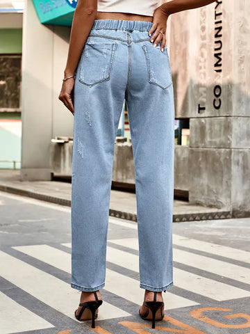 Autumn Drawstring Waist Distressed Denim Pants