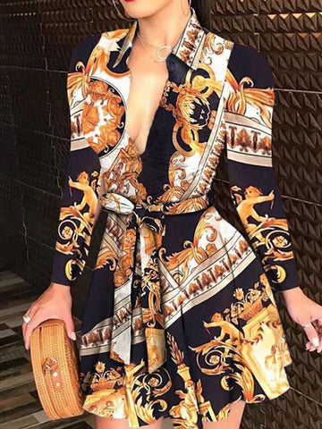 Printed V Neck Belt Dresses