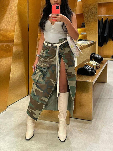 Camo Denim Button High Split Skirts